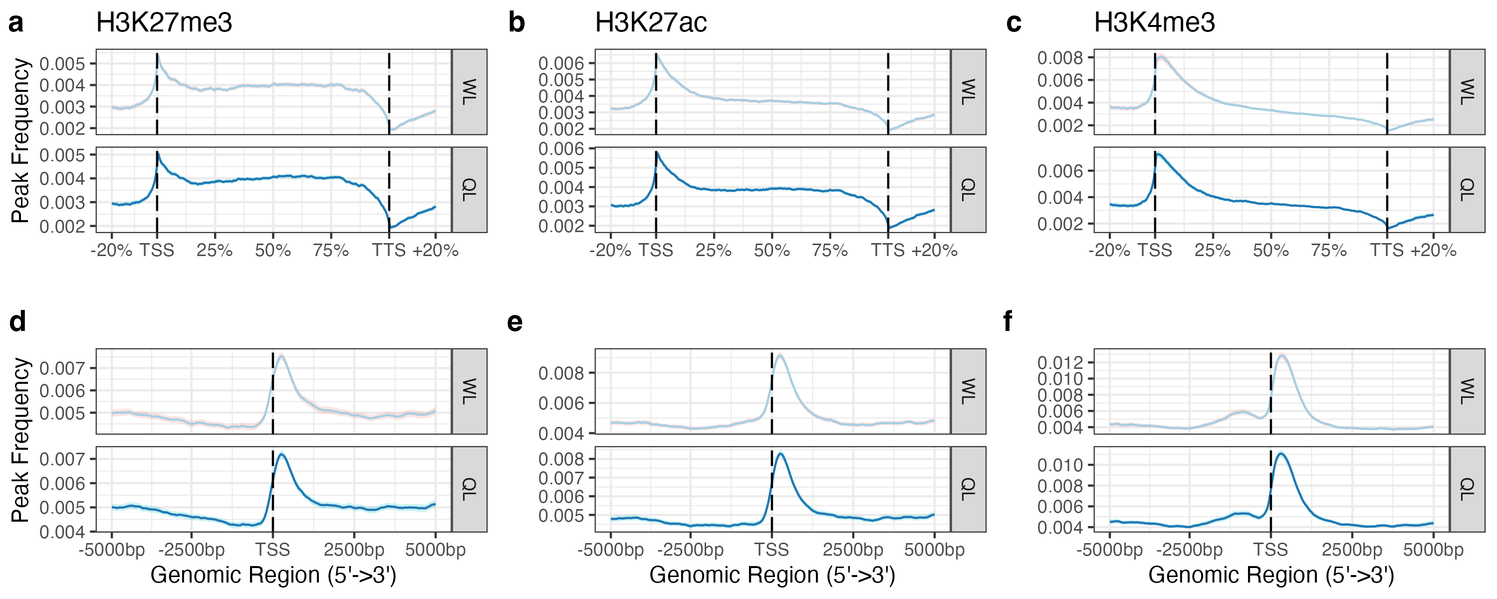 Frequency and distribution of HPTM peaks across gene bodies (a-c) and 5kb regions centered around transcription start sites (TSS) (d-f) in worker-destined larvae (WL) and queen-destined larvae (QL) at 192hpf. 95% confidence intervals are indicated.