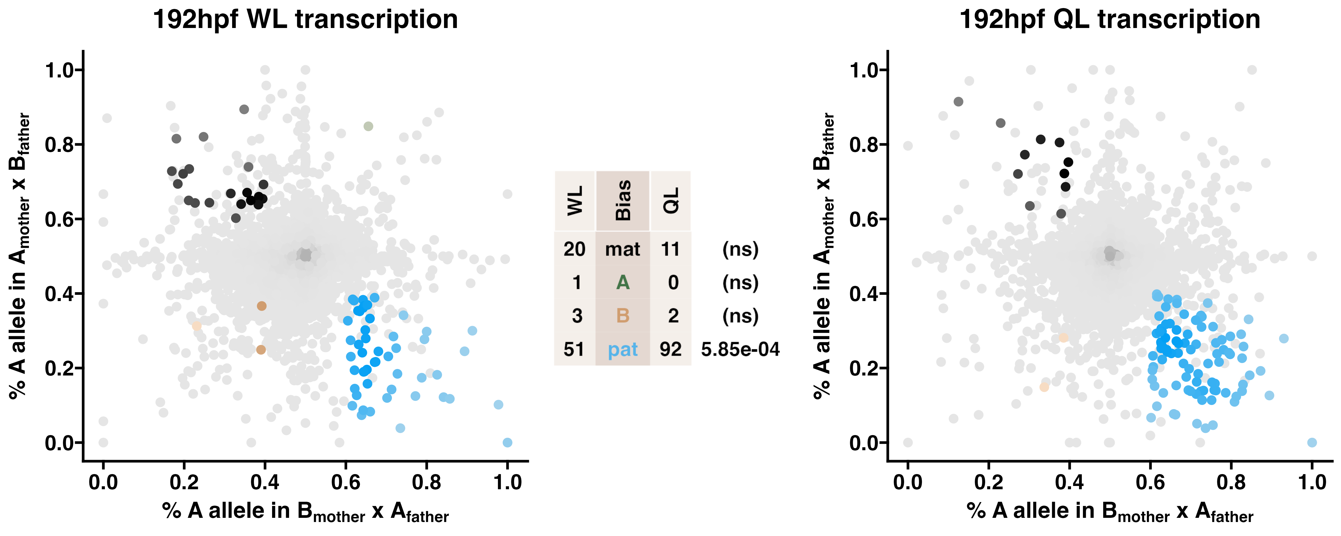 Figure 4. Queen-destined larvae show enriched paternal allele-biased transcription relative to worker-destined larvae. Allele-specific transcriptomes were assessed in F2 worker-destined larvae (WL) and queen-destined larvae (QL) collected from a reciprocal cross between different stocks of European honey bees. The x-axis represents, for each transcript, the proportion of lineage A reads in larvae with a lineage B mother and lineage A father (p1). The y-axis represents, for each transcript, the proportion of lineage A reads in larvae with a lineage A mother and lineage B father (p2). Each color represents a transcript which is significantly biased at all tested SNP positions: black is maternal (mat), green is lineage A, gold is lineage B, blue is paternal (pat), and grey is not significant. Center table: the number of transcripts showing each category of allelic bias and p-values for Chi-squared tests of independence for comparisons between the castes are indicated (NS = not significant). Significance of allele-biased transcription was determined using the overlap between two statistical tests: a general linear mixed model (GLIMMIX), and a Storer-Kim binomial exact test along with thresholds of p1<0.4 and p2>0.6 for maternal bias, p1>0.6 and p2<0.4 for paternal bias, p1<0.4 and p2<0.4 for lineage B bias and p1>0.6 and p2>0.6 for lineage A bias.