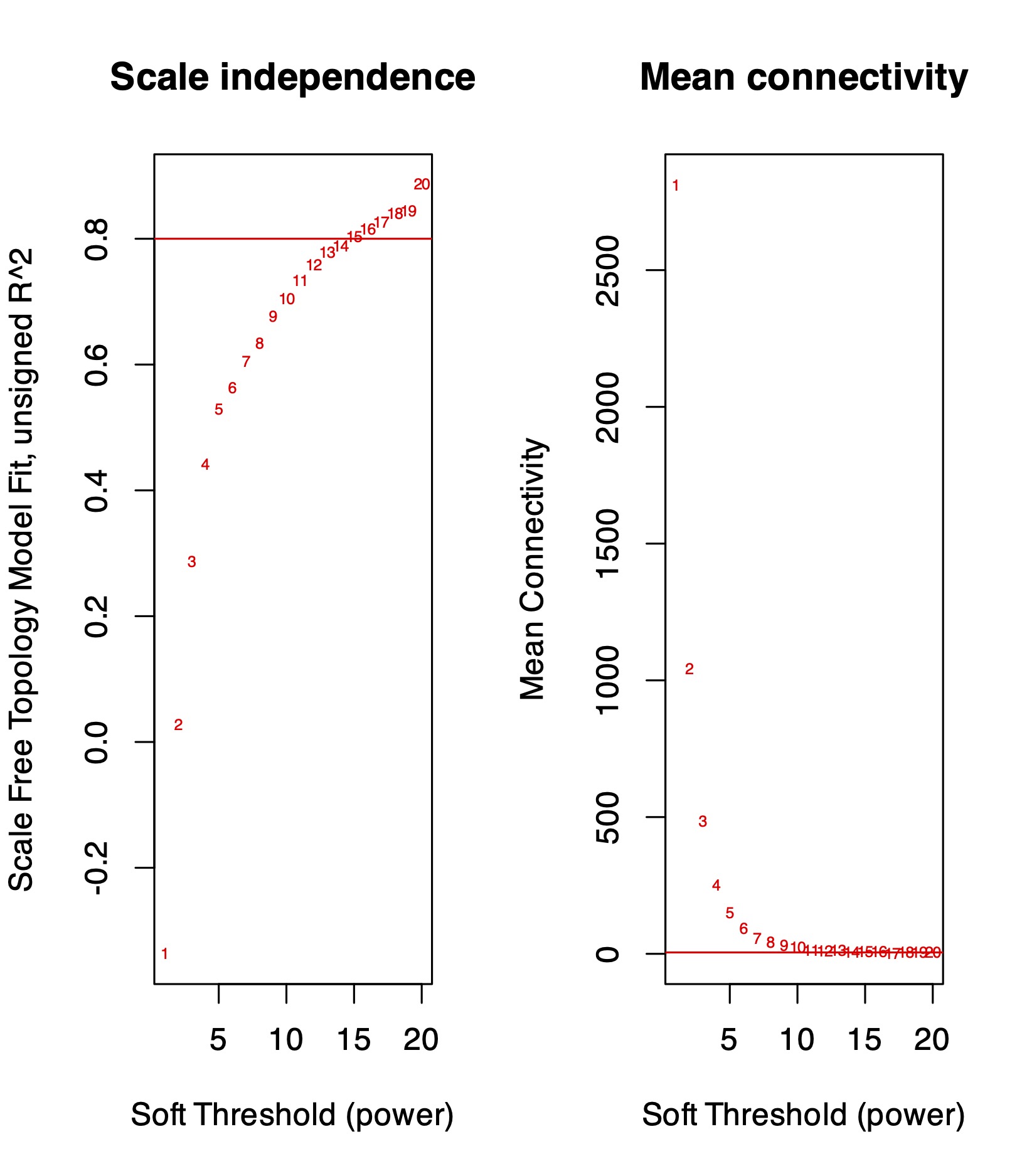 Scale independence and mean connectivity for different power transformations.